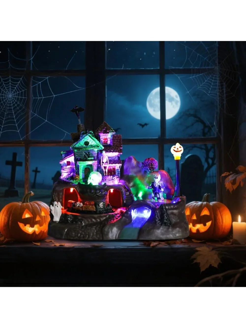 Lighted Haunted House Decor with Animated Train, Skull, Ghost & Pumpkin